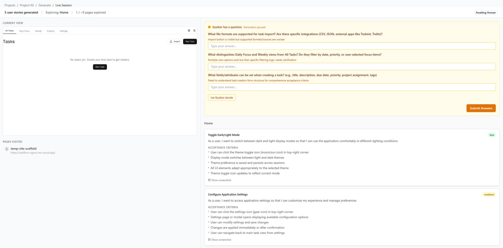 AI Test Generation — Qualixir product screenshot