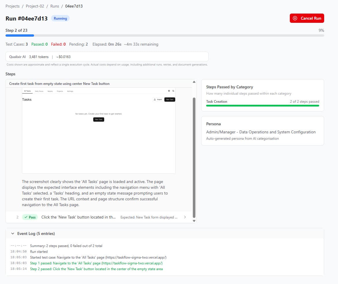 Live Dashboard — Qualixir product screenshot